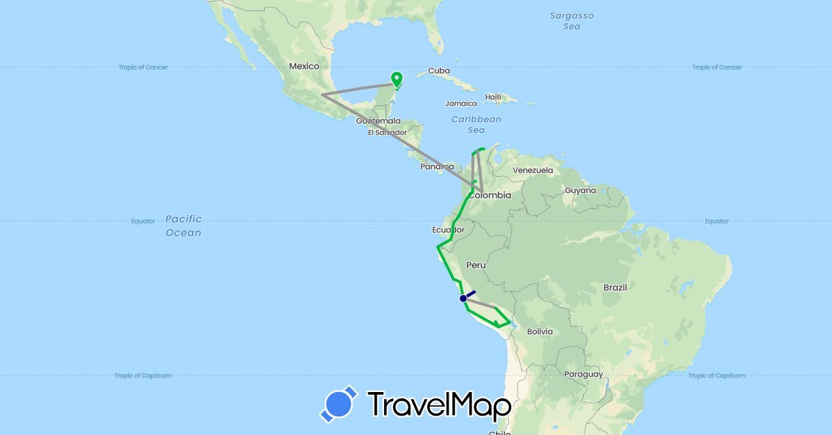 TravelMap itinerary: driving, bus, plane in Colombia, Ecuador, Mexico, Peru (North America, South America)